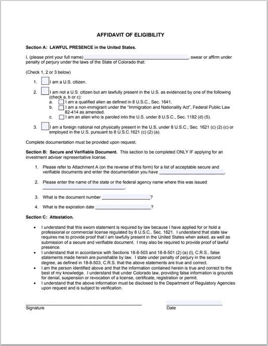 IA- Colorado Investment Adviser Representative Affidavit of Eligibility Form U-AE