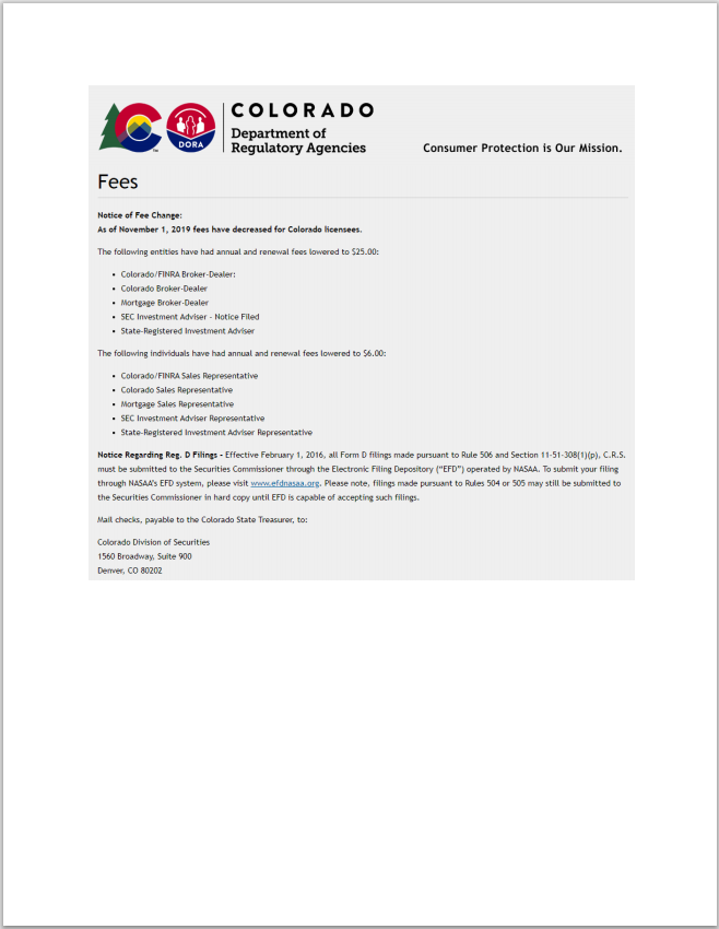 IA- Colorado Investment Adviser and Investment Adviser Rep. Registration Fees