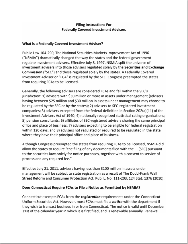 IA- Connecticut Federally Covered Investment Adviser Registration Requirements