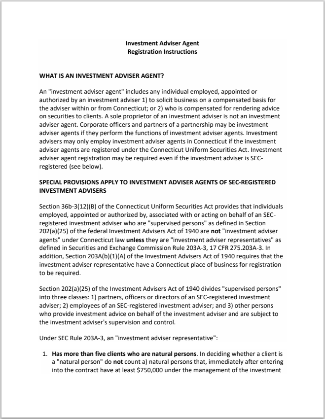 IA- Connecticut Investment Adviser Agent Registration Requirements