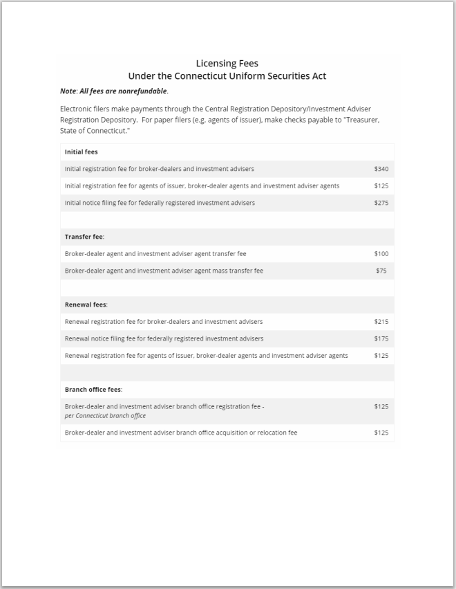 IA- Connecticut Investment Adviser and Broker-Dealer Registration Fees