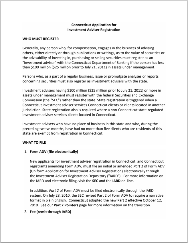 IA- Connecticut State Registered Investment Adviser Registration Requirements