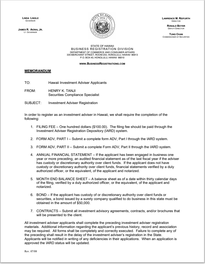 IA- Hawaii Investment Adviser Registration Requirements