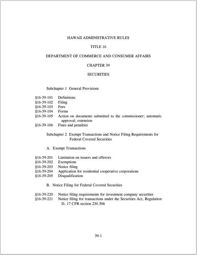 IA- Hawaii Investment Adviser and Investment Adviser Rep. Administrative Rules