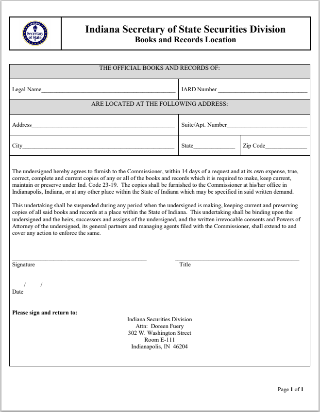 IA- Indiana Investment Adviser Books and Records Location Form