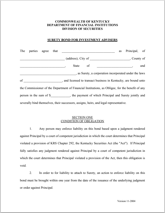 IA- Kentucky Investment Adviser Surety Bond Form