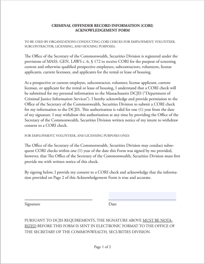 IA- Massachusetts Criminal Offender Record Information (CORI) Acknowledgement Form