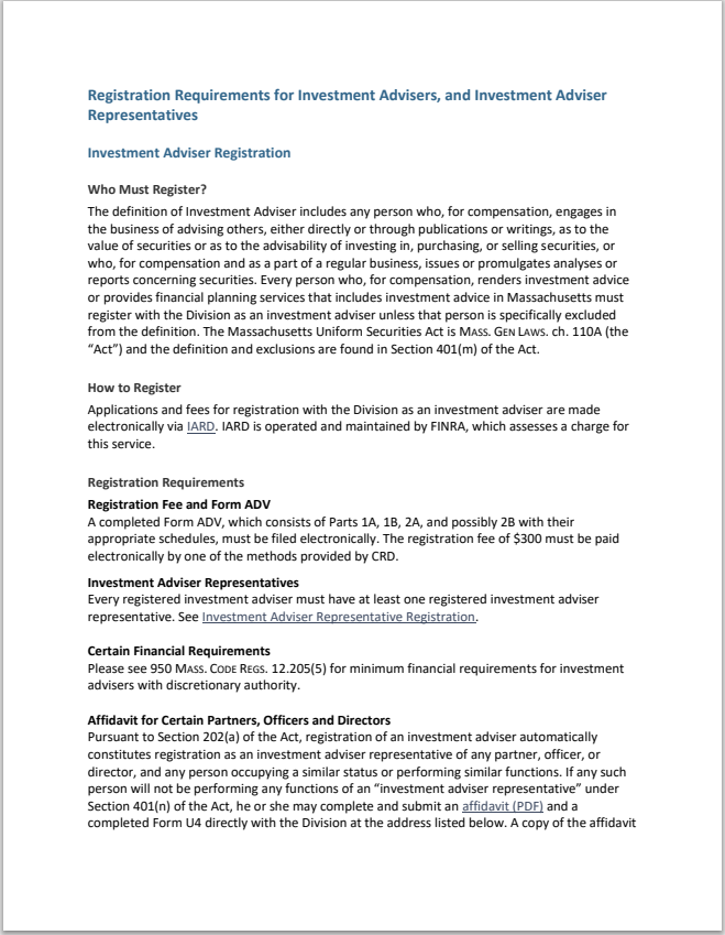 IA- Massachusetts Invest. Adv. and Invest. Adv. Rep. Registration Requirements