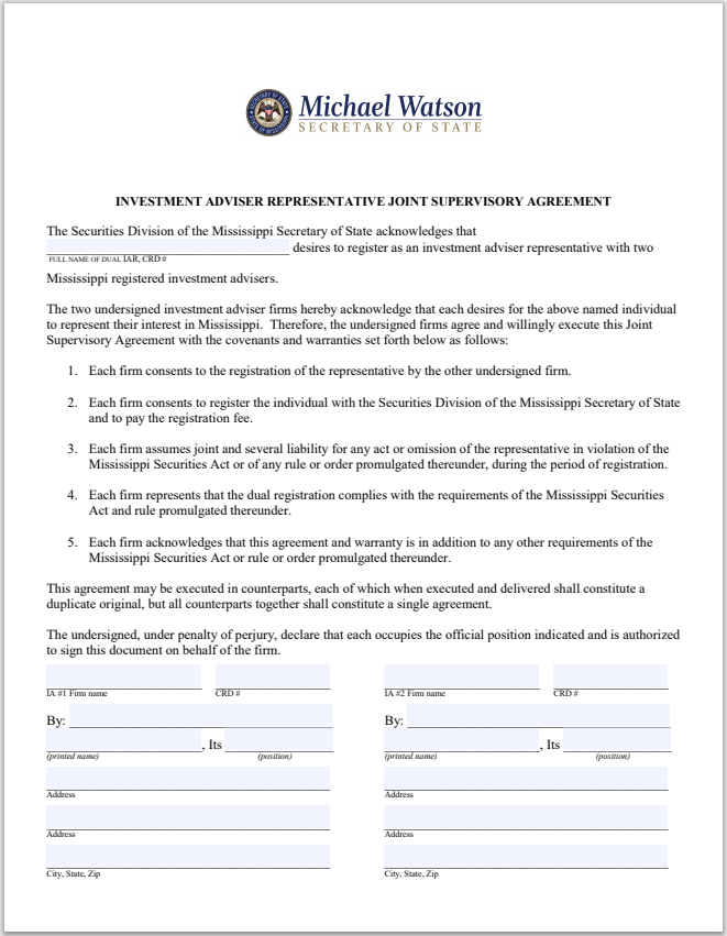 IA- Mississippi Investment Adviser Rep. Joint Supervisory Agreement Form
