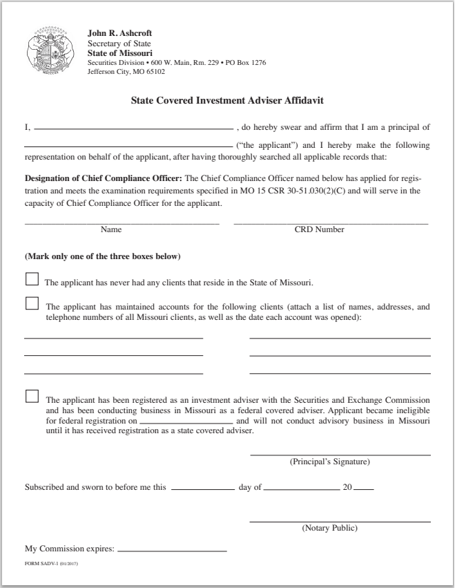 IA- Missouri State Covered Investment Adviser Affidavit Form SADV-1