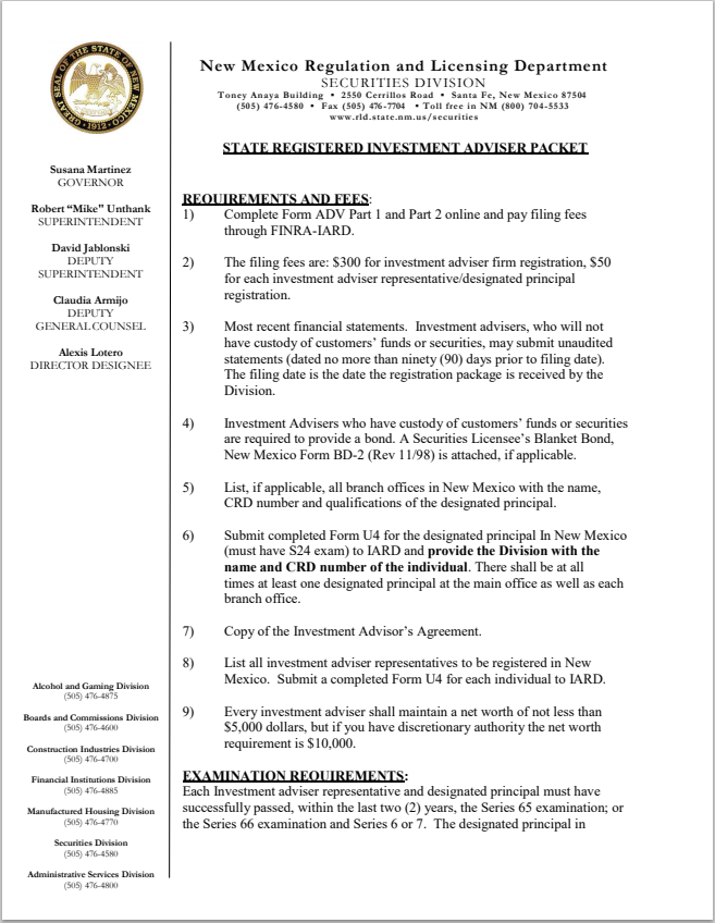 IA- New Mexico Investment Adviser Registration Requirement Packet