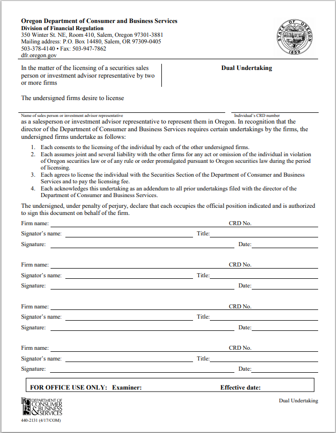 IA- Oregon Investment Adviser Dual Undertaking Form