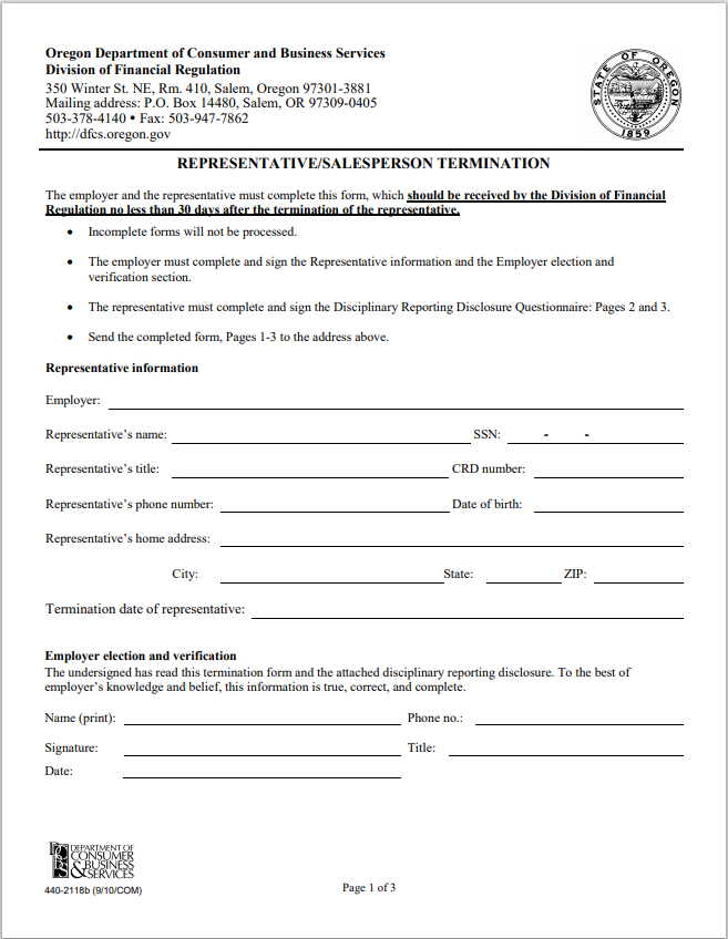 IA-Oregon Investment Adviser Representative – Salesperson Termination Form