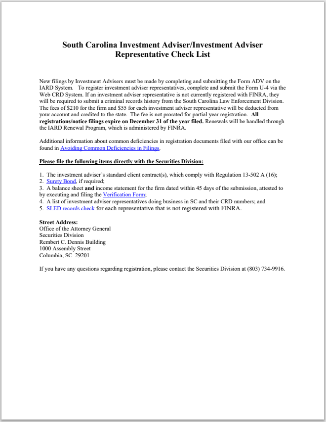 IA- South Carolina Invest. Adv. Invest. Adv. Rep. Reg. Requirements Checklist