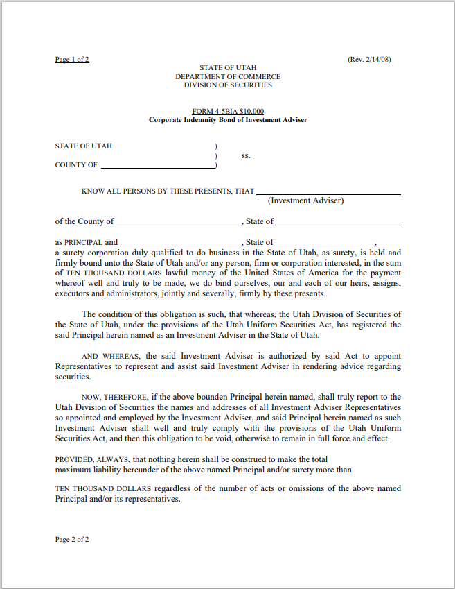 IA- Utah Investment Adviser Corporate Indemnity Bond Form 4-5BIA 10K