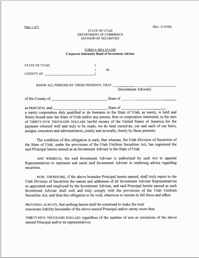 IA- Utah Investment Adviser Corporate Indemnity Bond Form 4-5BIA 35K