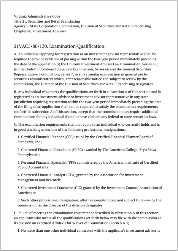 IA- Virginia Invest. Adv. Rep. Exam and Qualification Requirements