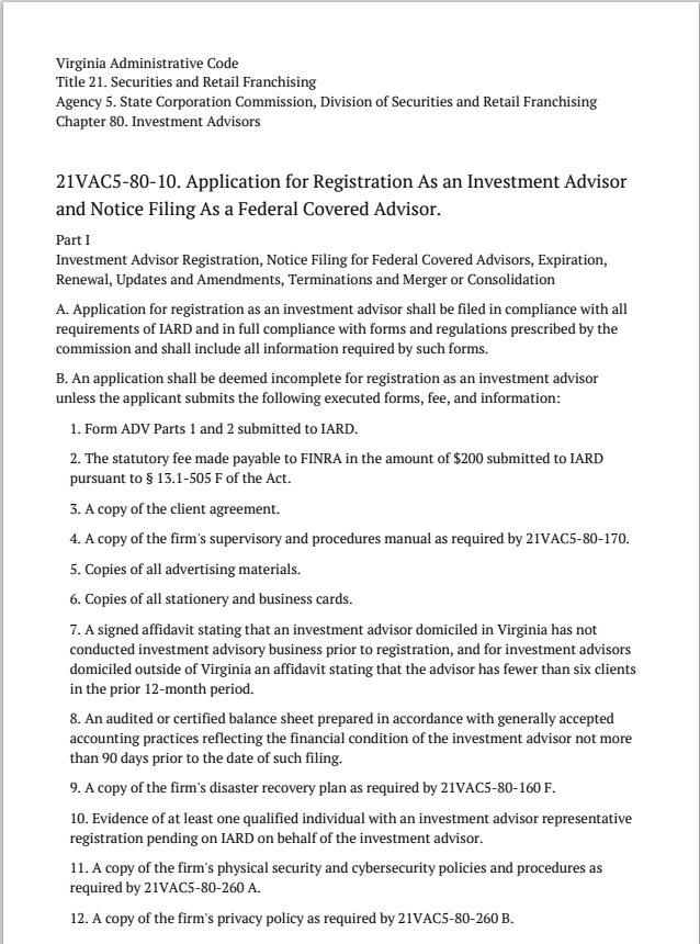 IA- Virginia Invest. Adv. Initial, Update, Amendment and Renewal Reg. Requirements