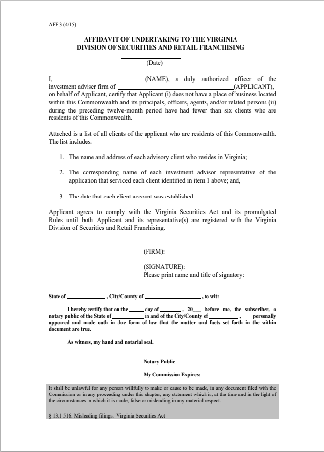 IA- Virginia Investment Adviser Out-of-State Affidavit Form