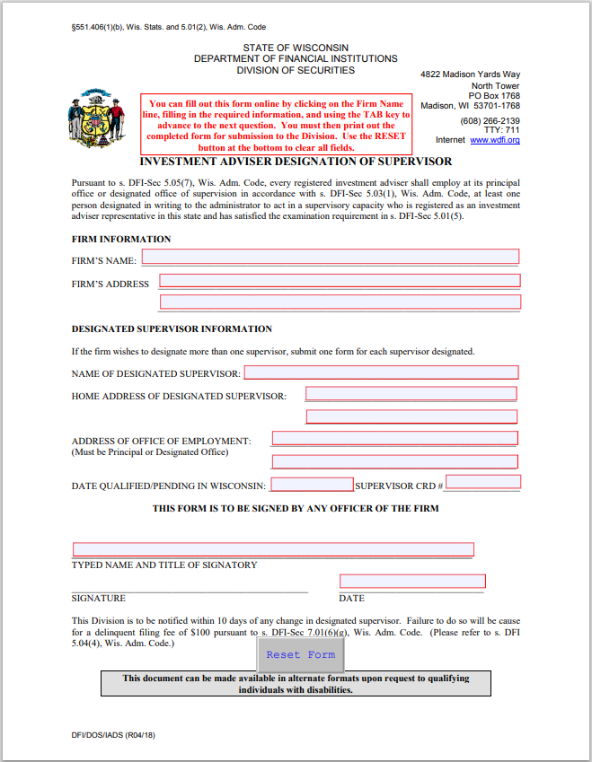 IA- Wisconsin Investment Adviser Designation of Supervisor Form