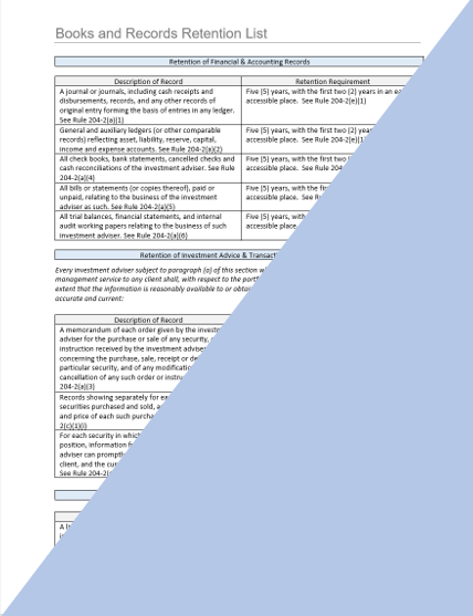 IA- Investment Adviser Books and Records Retention List