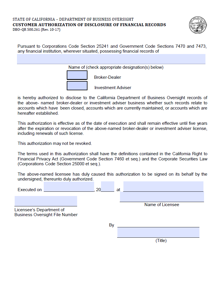 BD- California Customer Authorization of Disclosure of Financial Records