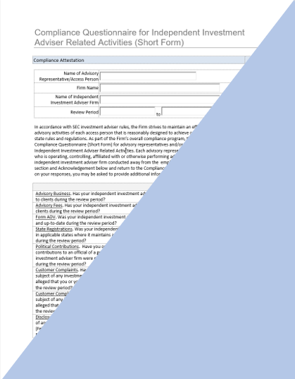 IA- Compliance Questionnaire for Independent Investment Adviser Activities (Short Form)