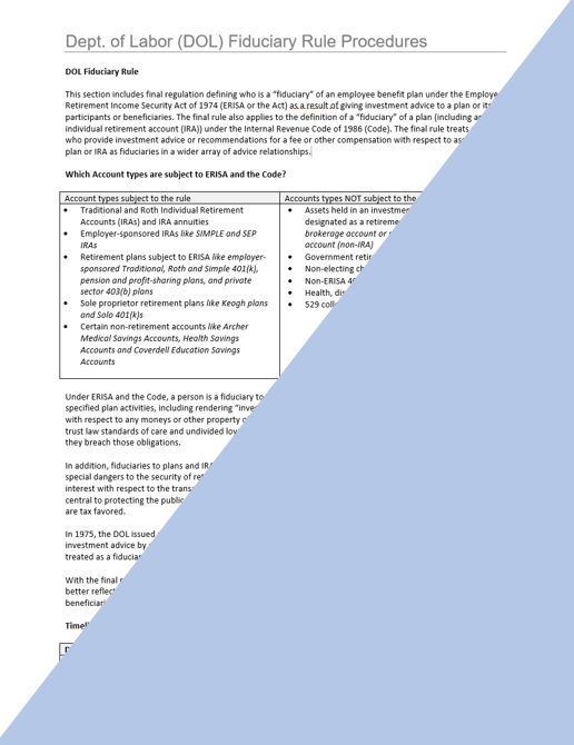 IA- Dept. of Labor (DOL) Fiduciary Rule Procedures (Level Fee Fiduciary)
