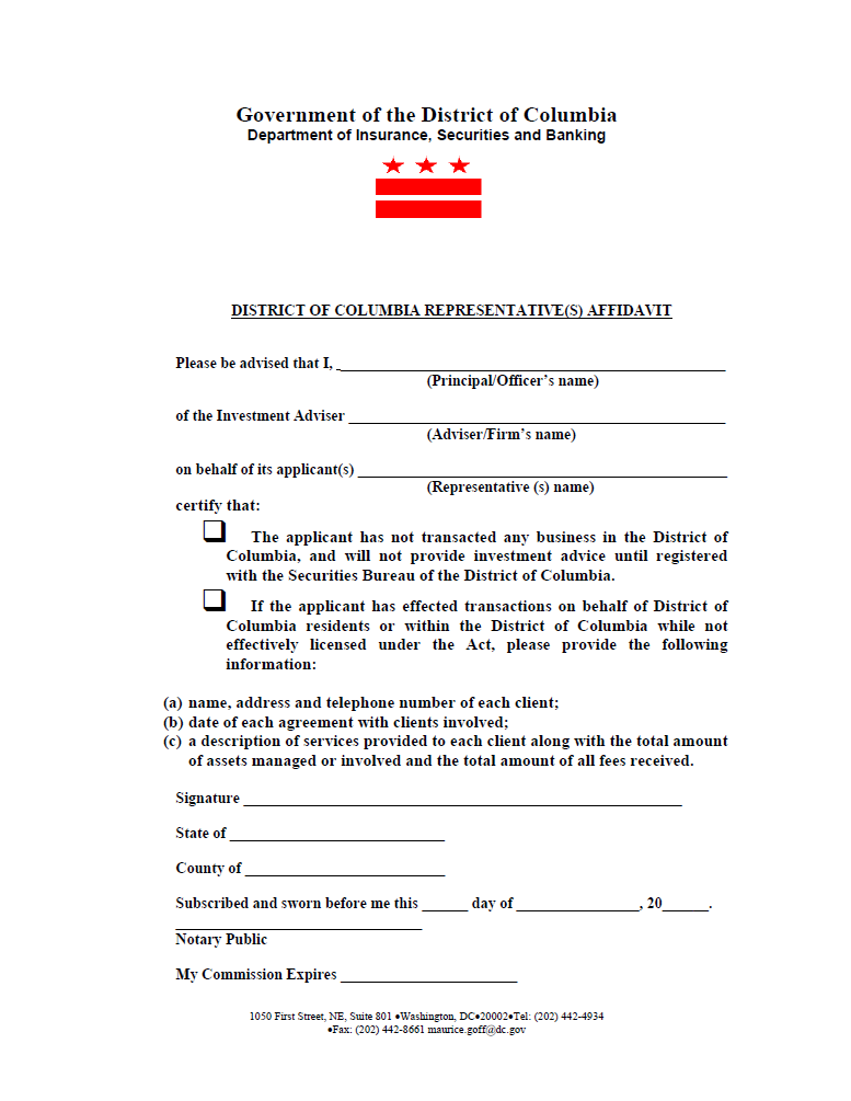 IA- District of Columbia Investment Adviser Representative Affidavit Update