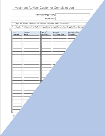 IA- Investment Adviser Customer Complaint Log