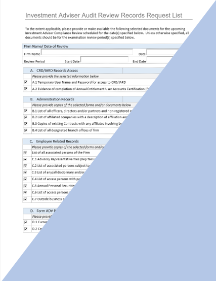 IA- Investment Adviser Preliminary Audit Records Request List (RRL)