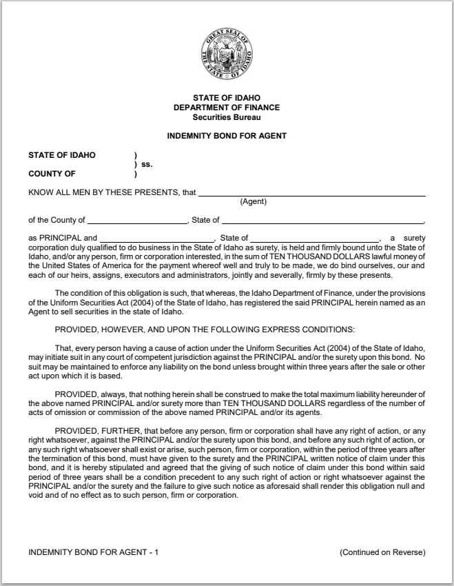 ID- Idaho Agent for an Issuer Indemnity Bond Form