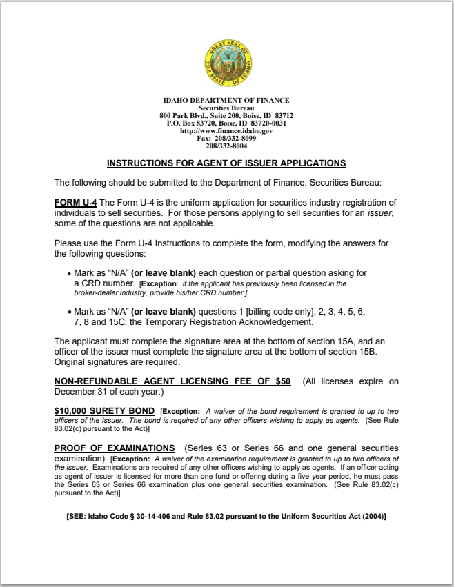 ID- Idaho Issuer Agent Registration Requirements and Fee Schedule