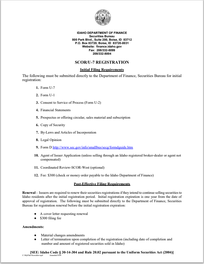 ID- Idaho Small Corporate Offering Registration (SCOR) Filing Requirements
