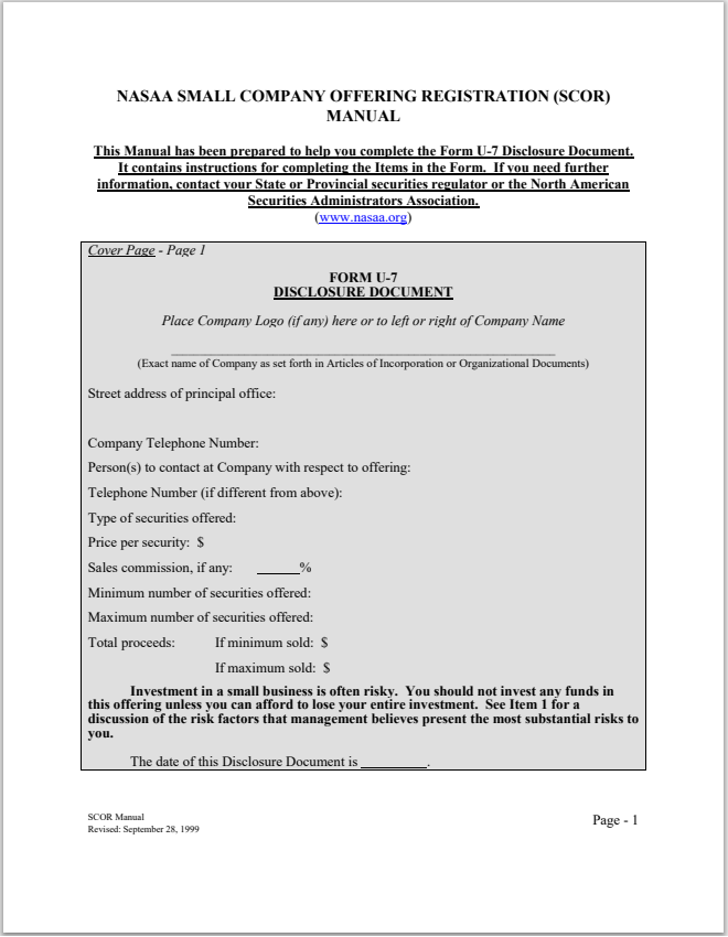 ID- Idaho Small Corporate Offering Registration (SCOR) Form U-7 Filing Manual