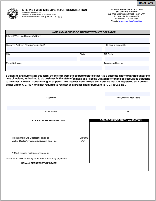 IN- Indiana Internet Website Operator Registration State Form 55631
