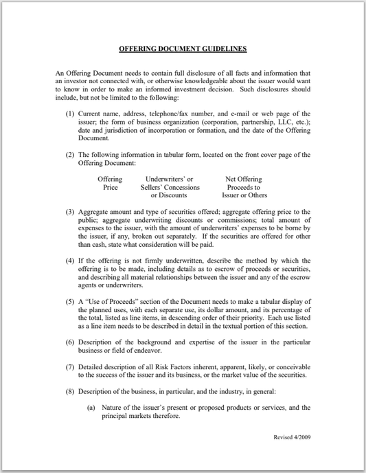 KY- Kentucky Securities Offering Document Guidelines