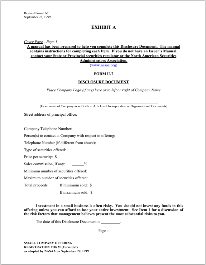 KY- Kentucky Small Corporate Offering Registration Form U-7