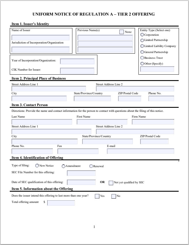 LA- Louisiana Uniform Notice Filing of Regulation A – Tier 2 Offering Form