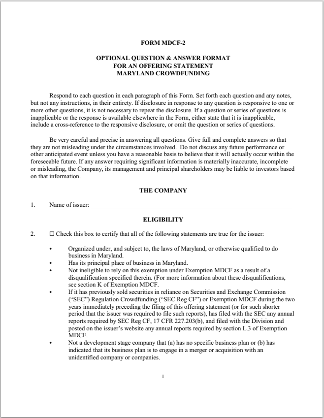 MD- Maryland Crowdfunding Offering Statement Question and Answer Form MDCF-2