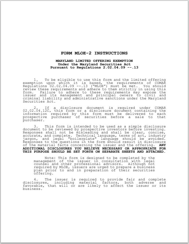 Maryland Limited Offering Exemption Form MLOE-2 – Connexien