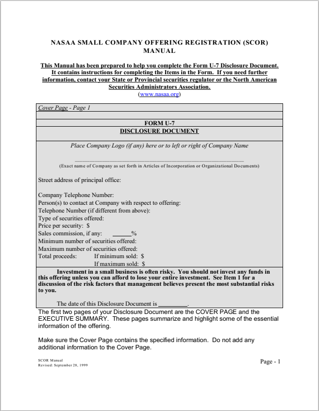 MD- Maryland Small Corporate Offering Registration (SCOR) Issuer Manual