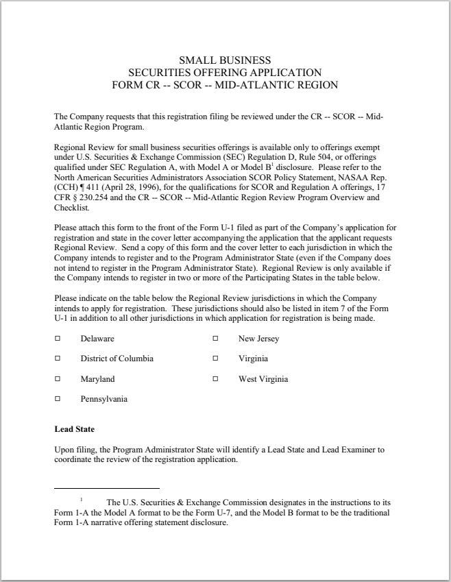 MD- Maryland Small Corporate Offering Registration Mid-Atlantic Region App. Form