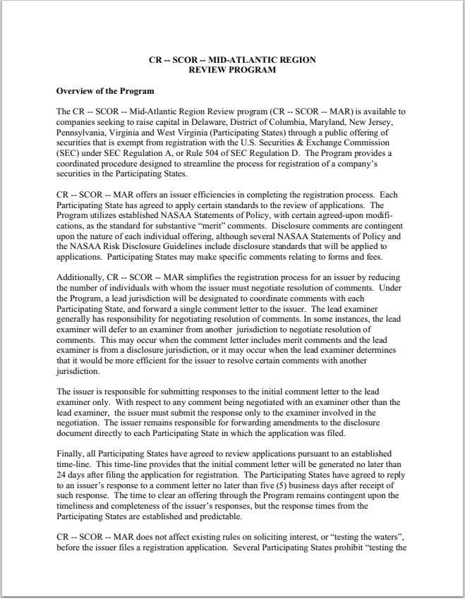 MD- Maryland Small Corporate Offering Registration Mid-Atlantic Region Program