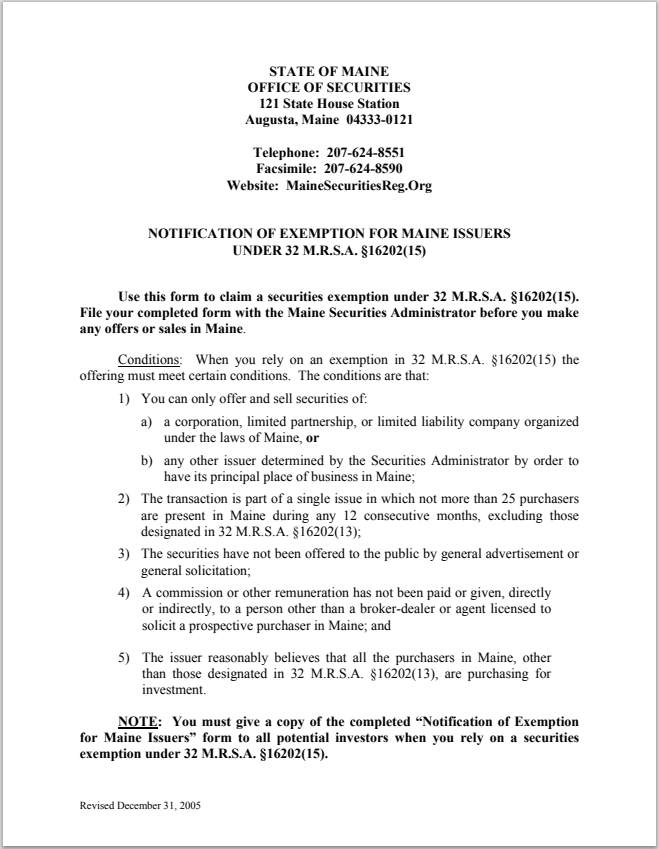 ME- Maine Notification of Exemption for Maine Issuers Form
