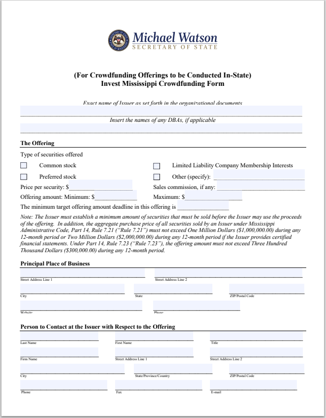 MS- Mississippi Invest In-State Crowdfunding Offerings Form
