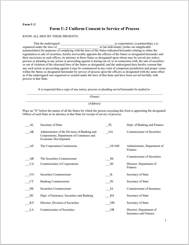 ND- North Dakota Uniform Consent to Service of Process Form U-2