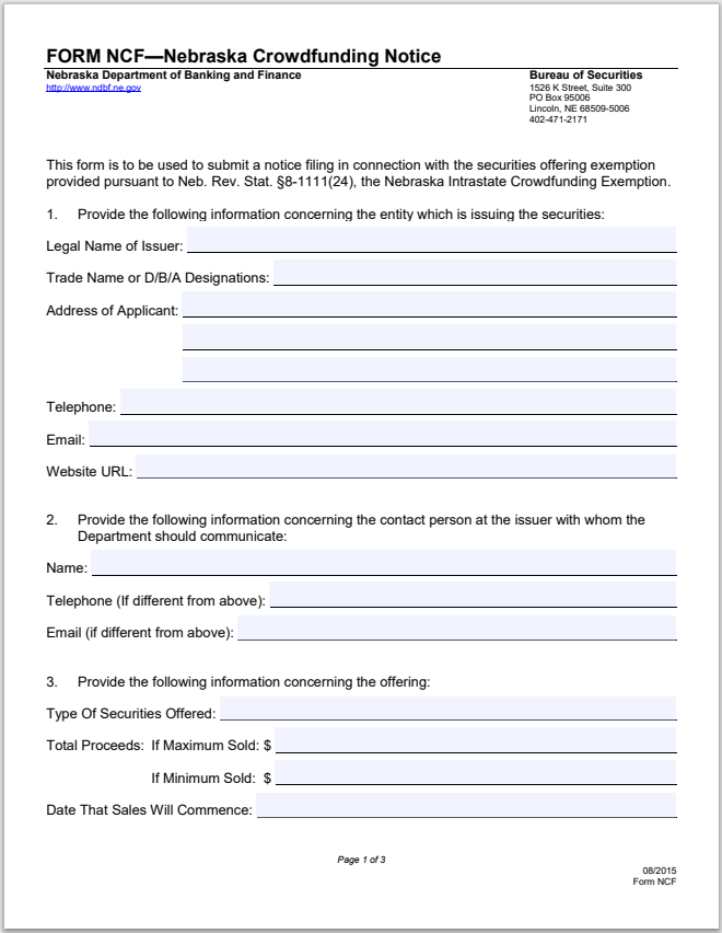 NE- Nebraska Intrastate Crowdfunding Notice Exemption Form-NCF