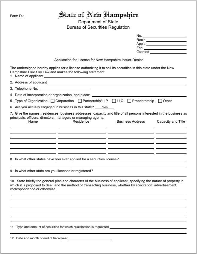 NH- New Hampshire Application for Issuer-Dealer License Form D-1
