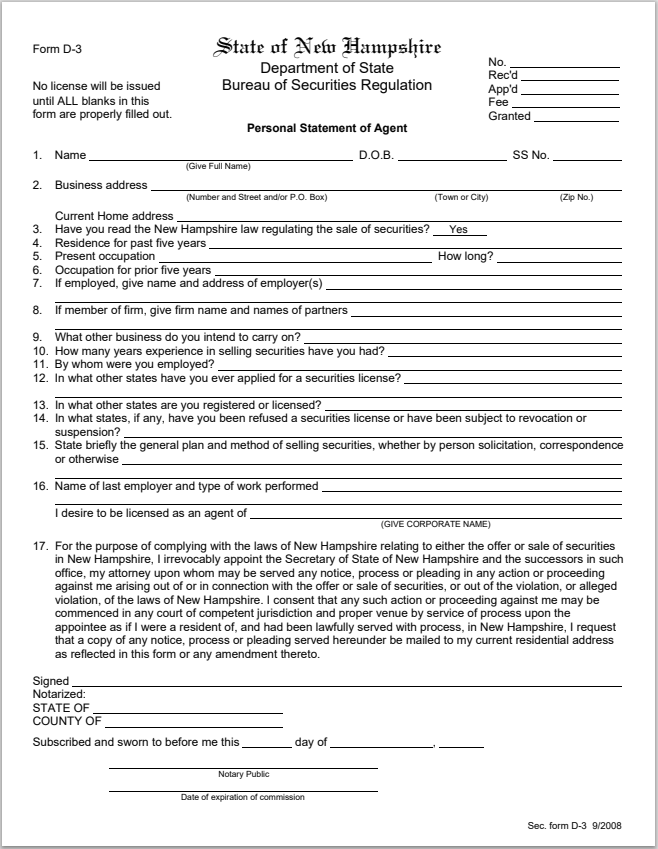 NH- New Hampshire Personal Statement of Agent Form D-3